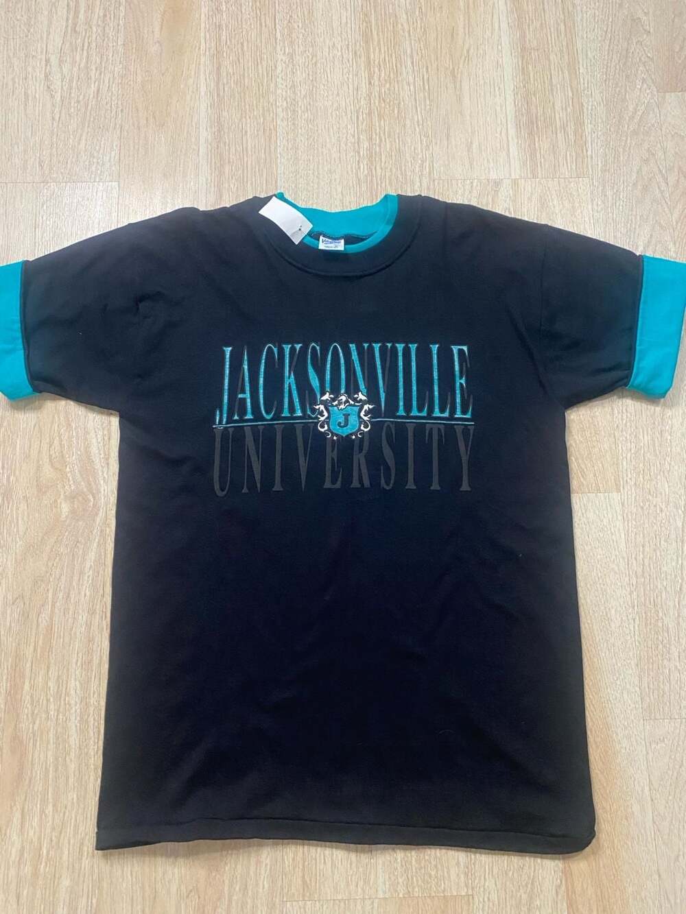 Velva Sheen Jacksonville University Vintage Black and Teal Ringer T-Shirt Large